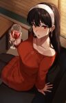  1girl :o alcohol arm_support black_hair black_pantyhose blush collarbone couch cup drinking_glass earrings from_above glass hairband hand_up highres holding holding_cup jewelry long_hair long_sleeves nasubin_(nasubisamurai15) pantyhose red_sweater single_bare_shoulder solo spy_x_family sweater table white_hairband wine wine_glass wooden_floor yor_briar 