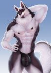  abs anthro banni_art bulge canid canine canis clothed clothing fangs fur genital_outline hand_behind_head hi_res male mammal muscular muscular_anthro muscular_male nipples pecs penis_outline red_eyes smile solo teeth underwear underwear_only white_body white_fur wolf 