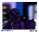  anthro avian bird blurred_background border clothing digital_media_(artwork) feathers grackle hair icterid long_hair makaronnie male necktie oscine passerine pixel_(artwork) purple_clothing ross_norden signature solo tail_feathers yellow_eyes 