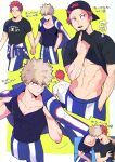  2boys abs bakugou_katsuki black_shirt blonde_hair blue_jacket blue_pants boku_no_hero_academia closed_mouth clothes_around_waist clothes_lift couple hand_in_pocket highres holding_hands jacket jacket_around_waist jacket_on_shoulders kirishima_eijirou kiss large_pectorals male_focus multiple_boys multiple_views muscular muscular_male navel open_mouth pants pectorals red_hair shirt shirt_lift short_hair sitting smile translation_request umasara yaoi 