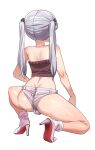  1boy ass bare_arms boots bulge crop_top from_behind full_body grey_hair high_heel_boots high_heels highres long_hair male_focus otoko_no_ko otonashi_(otonashi5959) shorts simple_background solo squatting tongkkangi tongkkangi_(streamer) twintails white_background white_footwear white_shorts zipper zipper_pull_tab 