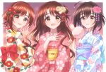  3girls :d ahoge black_hair blue_bow blush border bow breasts brown_eyes brown_hair camellia camellia_print cherry_blossom_print cotton_candy cowboy_shot dot_nose floral_print flower food hair_bow hair_flower hair_ornament hair_ribbon hakkaumai hand_on_own_chest hand_up highres holding holding_food idolmaster idolmaster_cinderella_girls idolmaster_cinderella_girls_starlight_stage igarashi_kyoko japanese_clothes kimono kohinata_miho long_hair long_sleeves looking_at_viewer medium_breasts morning_glory_print multiple_girls obi obiage obijime one_side_up open_mouth outside_border pink_background pink_check_school_(idolmaster) pink_flower pink_kimono pink_ribbon print_kimono red_bow red_flower ribbon sash shimamura_uzuki short_hair side_ponytail smile standing waist_bow white_border white_flower white_kimono wide_sleeves yellow_bow yukata 