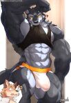  &lt;3 abs anthro artist_name biceps biped black_body black_clothing black_fur black_shirt black_topwear bodily_fluids bulge clothing facial_tuft fur grey_body grey_fur hi_res jockstrap kamyuelo looking_at_viewer male muscular muscular_male muscular_thighs navel nipples open_mouth shirt shirt_in_mouth shirt_pulled_up signature standing sweat tail thick_thighs topwear tuft underwear yellow_eyes 