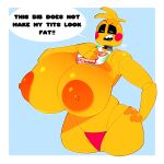  absurd_res animatronic anthro areola avian beakless bib big_breasts bird black_sclera blush blush_stickers breasts chicken clothing english_text exclamation_point eyes_closed female five_nights_at_freddy&#039;s five_nights_at_freddy&#039;s_2 galliform gallus_(genus) hand_on_hip hi_res huge_breasts machine nipples non-mammal_breasts open_mouth orange_areola orange_nipples phasianid profanity robot scottgames sharp_teeth solo teeth text thong toy_chica_(fnaf) underwear yeehawt0wn yellow_body 