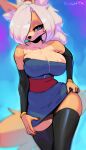  2023 anthro areola areola_slip artist_name big_breasts black_nose blue_eyes breasts canid canine cleavage clothed clothing colored_nails female fox fur hair hair_over_eye hi_res looking_at_viewer mammal marie_(oughta) nails one_eye_obstructed oughta red_nails smile solo tan_body tan_fur white_hair 