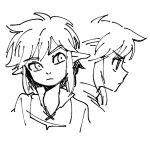  1boy closed_mouth collared_shirt commentary_request cropped_torso greyscale head_tilt link looking_to_the_side male_focus monochrome multiple_views partial_commentary pointy_ears profile shirt short_hair sidelocks simple_background sketch straight-on the_legend_of_zelda the_legend_of_zelda:_breath_of_the_wild ukata upper_body white_background 
