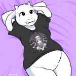  anthro black_clothing black_eyes black_shirt black_t-shirt black_topwear bottomless clothed clothing female fur genitals horn nishi_oxnard pussy sans shirt smile solo t-shirt topwear toriel undertale_(series) white_body white_fur 