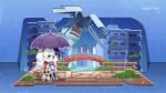  2girls bangs blue_eyes bridge building chibi highres holding holding_umbrella honkai_(series) honkai_impact_3rd jacket kiana_kaslana kiana_kaslana_(white_comet) looking_ahead looking_at_another multiple_girls official_alternate_costume official_art official_wallpaper purple_eyes raiden_mei raiden_mei_(valkyrie_bladestrike) rain smile star_(symbol) umbrella walking white_hair 