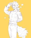  5_fingers anthro arknights canid canine canis clothed clothing domestic_dog fingers hair harukaze110 hi_res horn hung_(arknights) hypergryph long_hair male mammal simple_background sketch solo studio_montagne yellow_background 