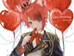  1boy aiguillette animal_ears balloon bow bowtie brooch cat_ears collared_shirt epaulettes food fork fruit gold_trim heart_balloon heterochromia highres holding holding_fork jewelry looking_at_viewer male_focus mylar_balloon nokoru_sora red_bow red_bowtie red_hair rinu_(stpri) shirt simple_background solo strawberry strawberry_prince white_background white_shirt wing_collar 