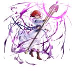  aura dark_aura dress fire_emblem fire_emblem:_mystery_of_the_emblem fire_emblem_heroes glowing glowing_weapon holding holding_staff looking_at_viewer maria_(fire_emblem) mayo_(becky2006) mind_control official_alternate_costume official_art purple_eyes red_hair short_hair solo staff tassel tiara weapon white_background white_dress 