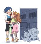  :3 ass black_shorts blue_hair blush brown_gloves digimon digimon_(creature) digimon_adventure embarrassed glasses gloves gomamon kido_jou lao_wen palmon rain shorts smile tachikawa_mimi water wet yellow_footwear 