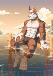  absurd_res anthro bulge canid canine canis cloud collar evening frozenbai heterochromia hi_res looking_at_viewer male male/male mammal muscular muscular_anthro muscular_male shirtless shirtless_male sitting solo water wolf 