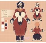  absurd_res accipitrid accipitriform amber_(charliecorvinus) anthro avian bearded_vulture big_breasts bird breasts character_description chibi color_swatch feather_puff feathers feet female hi_res model_sheet multicolored_body multicolored_feather_hair multicolored_feathers multicolored_tail_feathers ninnasaurio old_world_vulture red_sclera solo talons text thick_thighs toes vulture white_eyes 