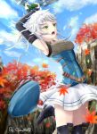  1girl absurdres blue_sky cliff dual_wielding eiyuu_densetsu elbow_gloves english_text falling_leaves fie_claussell fingerless_gloves floating_hair gloves gunblade highres holding holding_weapon kuro_no_kiseki leaf maple_leaf maple_tree outdoors skirt sky solo tree weapon wind witch_f 