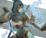  1girl android animal_on_arm apex_legends ash_(titanfall_2) blue_leotard breasts cable commentary cracked_skin fighting_stance highres holding holding_nunchaku holding_weapon hood hood_up hooded_leotard leotard looking_to_the_side metal_skin mouse nunchaku open_hand reikichi sign simulacrum_(titanfall) small_breasts smile solo strongest_link_(apex_legends) symbol-only_commentary warning_sign weapon yellow_eyes 