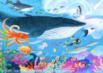  1boy animal_focus artist_name bird chinese_text clownfish coral coral_reef crab dolphin english_text fish flying_fish jellyfish jhao-yu_shih ocean octopus original penguin sea_turtle sea_urchin shark starfish tropical_fish turtle underwater whale 