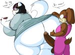  absurd_res anthro assisted_exposure balls bent_over big_breasts big_butt big_penis black_eyes black_hair breasts butt catti_(deltarune) clothed clothing clothing_lift deltarune domestic_cat dress dress_lift duo ear_piercing english_text erection exclamation_point felid feline felis female genitals gesture green_eyes hair hi_res holding_object holding_pen huge_breasts huge_butt lagomorph larger_female leporid looking_back male male/female mammal masterj291 pen penis piercing question_mark rabbit size_difference smaller_male smile speech_bubble text thick_thighs thumbs_up tongue tongue_out undertale_(series) white_body wide_hips yellow_sclera 