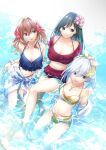  3girls amagami-san_chi_no_enmusubi amagami_asahi amagami_yae amagami_yuna artist_request bikini blue_eyes brown_eyes flower green_eyes hair_flower hair_ornament highres long_hair looking_at_viewer multiple_girls official_art open_mouth short_hair swimsuit twintails water 