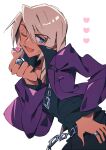  1boy :d ace_attorney black_pants black_shirt blonde_hair blue_eyes breast_pocket chain_necklace dark-skinned_male dark_skin finger_heart grgrton hair_between_eyes hand_on_own_hip hand_up heart jacket jewelry klavier_gavin lapels layered_sleeves long_sleeves looking_at_viewer male_focus medium_hair necklace one_eye_closed open_collar open_mouth pants pocket popped_collar purple_jacket ring shirt simple_background smile solo swept_bangs twisted_torso upper_body wallet_chain white_background 