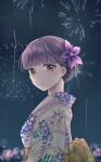  1girl aerial_fireworks blunt_bangs blurry bokeh braid brown_eyes depth_of_field fireworks floral_print flower from_side hair_flower hair_ornament half_updo highres japanese_clothes kimono looking_at_viewer looking_to_the_side night night_sky obi parted_lips purple_flower purple_hair sash seto_taichi sky solo star_(sky) summer_festival surprised teruya_fumika upper_body world_trigger yukata 