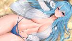  1girl ass_visible_through_thighs bikini blue_bikini blue_eyes blue_hair blush breasts cleavage closed_mouth collarbone gloves goddess_of_victory:_nikke hair_intakes helm_(nikke) highres large_breasts long_hair long_sleeves lying navel on_back open_clothes smile stomach swimsuit thigh_gap thighs wei_xiao white_gloves 