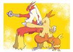  blaziken blue_eyes border claws colored_sclera combusken commentary_request evolutionary_line fighting_stance highres open_mouth outstretched_arm pkpokopoko3 pokemon pokemon_(creature) squatting torchic white_border yellow_background yellow_sclera 