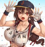  1girl amania_orz baseball baseball_cap baseball_uniform breasts brown_hair cleavage collarbone crop_top earrings final_fantasy final_fantasy_vii final_fantasy_vii_remake fingerless_gloves gloves hair_between_eyes hair_ribbon hands_up hat jewelry large_breasts long_hair looking_at_viewer open_mouth red_eyes red_ribbon ribbon smile solo sportswear tifa_lockhart upper_body very_long_hair white_gloves 