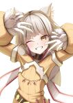  1girl animal_ear_fluff animal_ears arm_up blunt_ends bodysuit brown_eyes commentary_request gloves grey_hair grin hand_up highres long_sleeves looking_at_viewer nia_(xenoblade) okazuemon one_eye_closed puffy_long_sleeves puffy_sleeves simple_background sleeves_past_wrists smile solo upper_body w white_background white_gloves xenoblade_chronicles_(series) xenoblade_chronicles_2 yellow_bodysuit 
