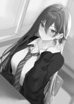  1girl bangs blurry blurry_background blush breasts chair closed_mouth collared_shirt commentary_request depth_of_field desk diagonal-striped_necktie ear_piercing earrings greyscale hair_between_eyes hamu_(plot_sy) hand_up highres indoors jewelry long_hair long_sleeves looking_away medium_breasts monochrome original piercing school_chair school_desk school_uniform shirt solo stud_earrings upper_body very_long_hair window 