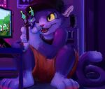  anthro big_ears black_baseball_cap blue_body blue_fur bottomwear canid canine cargo_shorts casuallynoted cat_(casuallynoted) clothing computer desk dingerfox_(ldingerfoxl) domestic_cat drawing duo felid feline felis fox fur furniture giant_pencil glowing glowing_markings hat headgear headwear holding_character inside ldingerfoxl male mammal markings micro_macro nuzzling open_mouth paws shorts size_difference table tail tan_bottomwear tan_clothing tan_shorts white_body white_fur 