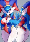  absurd_res big_breasts big_butt blue_hair breasts butt cleavage clothed clothing female gardevoir generation_3_pokemon hair hair_over_eye hat headgear headwear hi_res looking_at_viewer lucyfercomic nintendo not_furry one_eye_obstructed pokemon pokemon_(species) pomni_(the_amazing_digital_circus) solo thick_thighs white_body wide_hips 