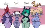  big_breasts breast_size_difference breasts genitals hair hi_res league_of_legends lulu_(lol) nipples not_furry poppy_(lol) pussy riot_games small_breasts thick_thighs tristana_(lol) vex_(lol) vono yordle 