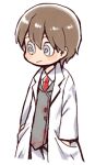  1boy :/ @_@ blood blood_on_clothes brown_hair closed_mouth coat collared_shirt commentary_request cowboy_shot employee_(lobotomy_corporation) eyebrows_hidden_by_hair grey_eyes grey_vest hair_between_eyes hands_in_pockets hatake_shimeji lobotomy_corporation male_focus necktie no_nose open_clothes open_coat pants project_moon red_necktie shirt short_hair simple_background solo vest white_background white_coat white_pants white_shirt 