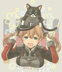  1girl absurdres anchor_hair_ornament anchor_ornament animal_on_head black_cat blonde_hair breasts cat cat_on_head commentary_request gloves green_eyes hair_ornament hat highres kantai_collection large_breasts long_hair low_twintails military_hat military_uniform on_head peaked_cap pot-de prinz_eugen_(kancolle) solo twintails twitter_username uniform unsinkable_sam upper_body white_gloves 