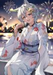  1girl absurdres animal_ears animal_print artist_name blue_eyes blurry blurry_background bracelet breasts brown_choker choker cityscape commentary_request ear_covers ferris_wheel fireworks fish_print flower grey_hair hair_between_eyes hair_flower hair_ornament highres horse_ears horse_girl japanese_clothes jewelry kimono long_sleeves misoni_(mi_so_ni_t) obi outdoors river sash seiun_sky_(umamusume) short_hair single_ear_cover sitting small_breasts smile solo teeth umamusume upper_teeth_only water white_kimono 