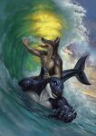  2022 anthro black_body blue_eyes brown_body canid canine cetacean dated deusexmoose digital_media_(artwork) dolphin dorsal_fin duo fin hand_on_fin hi_res light looking_back looking_back_at_another looking_back_at_partner looking_up male male/male mammal marine oceanic_dolphin open_mouth orange_eyes orca riding_on_back rubber_creature sea signature sky sunlight sunset swimming tail tail_fin tan_body tongue tongue_out toothed_whale water wave white_body 