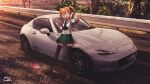  1girl :d absurdres black_neckerchief black_thighhighs brown_eyes brown_hair car cellphone commentary commission english_commentary flip_phone girls_und_panzer green_skirt guard_rail highres holding holding_phone license_plate long_hair long_sleeves mazda mazda_mx-5 mizzterbii motor_vehicle neckerchief ooarai_school_uniform oono_aya open_mouth outdoors phone pleated_skirt road sailor_collar school_uniform serafuku shirt signature skirt smile solo sports_car sunset thighhighs toyota twintails v vehicle_focus vehicle_request white_sailor_collar white_shirt winter_uniform 