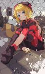  1girl blonde_hair blue_eyes box brown_headwear closed_mouth highres kagamine_rin long_sleeves sazanami_(ripple1996) scissors shoes single_thighhigh solo stuffed_animal stuffed_toy sweater teddy_bear thighhighs vocaloid 