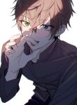  1boy alban_knox black_shirt brown_hair collared_shirt commentary crossed_bangs dress_shirt english_commentary eyelashes fellatio_gesture green_eyes grey_eyes hair_between_eyes hand_up heterochromia highres looking_at_viewer male_focus nijisanji nijisanji_en open_mouth sexually_suggestive shirt short_hair sidelocks simple_background smile solo tongue tongue_out virtual_youtuber white_background yongcheol 