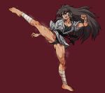  bandaged_leg bandaged_wrist bandages bare_legs barefoot belt black_belt black_hair black_panties breasts brown_eyes cleavage dougi fighting_stance high_kick highres karate kicking large_breasts leotard long_hair muscular muscular_female no_pants open_mouth original panties pants red_background shouting steaming_body sweat tan underwear very_long_hair zasshu_nigou 