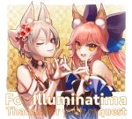  2girls animal_ear_fluff animal_ears bare_shoulders blue_kimono breasts brown_eyes commission crossover detached_collar english_commentary facial_mark fate/extra fate/grand_order fate_(series) flower fox_ears fox_girl fox_mask fox_shadow_puppet grey_hair hair_flower hair_ornament heart heart-shaped_pupils highres idolmaster idolmaster_cinderella_girls idolmaster_cinderella_girls_starlight_stage isagiyo japanese_clothes kanzashi kimono looking_at_viewer mask mask_on_head medium_breasts mixed-language_commentary multiple_girls one_eye_closed open_mouth orange_eyes pink_hair ponytail red_nails second-party_source shiomi_syuko short_hair skeb_commission smile split_ponytail symbol-shaped_pupils tamamo_(fate) tamamo_no_mae_(fate/extra) teeth upper_body upper_teeth_only wide_sleeves 