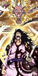  1boy black_eyes black_hair clenched_hand dragon highres holding holding_sword holding_weapon japanese_clothes katana long_hair looking_at_viewer momonosuke_(one_piece) moon_(symbol) one_piece open_mouth solo suushiaf sword teeth weapon 