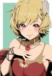  1girl aduti_momoyama blonde_hair blush bracelet breasts citrinne_(fire_emblem) cleavage closed_mouth dress feather_hair_ornament feathers fire_emblem fire_emblem_engage gem gold_trim hair_ornament hand_on_own_chest highres jewelry looking_at_viewer necklace red_eyes short_hair smile solo 