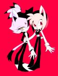  2girls amy_rose black_bow black_bowtie black_pants black_vest blaze_the_cat bow bowtie cat_girl eyelashes forehead_jewel furry furry_female gloves hand_on_another&#039;s_hip highres holoskas looking_at_viewer multiple_girls pants pink_fur purple_fur red_background red_eyes shirt sonic_(series) vest white_shirt yellow_eyes 