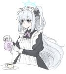  1girl apron black_ribbon blue_archive blush cup halo highres holding holding_teapot looking_at_object maid maid_apron maid_headdress mendel_pea miyako_(blue_archive) pink_scarf purple_eyes ribbon scarf simple_background solo tea teacup teapot white_background white_hair 