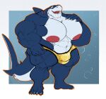  anthro areola biped bulge clothed clothing detailed_background fish grin hi_res male marine muscular navel nipples onetonhalfshell open_mouth partially_clothed shark smile solo teeth 