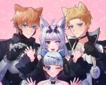  2boys 2girls ahoge animal_ear_fluff animal_ears bare_shoulders black_bodysuit black_choker black_hair black_hairband black_jacket black_sleeves blonde_hair blue_eyes bodysuit bombinata_(punishing:_gray_raven) braid bright_pupils cat_ears choker chrome:_glory_(honor_model)_(punishing:_gray_raven) chrome_(punishing:_gray_raven) closed_mouth cross-shaped_pupils detached_sleeves fake_animal_ears fangs grey_eyes grey_hair hair_between_eyes hair_ornament hairband heart heart-shaped_pupils heart_hair_ornament highres jacket lee:_hyperreal_(punishing:_gray_raven) lee_(punishing:_gray_raven) light_brown_hair long_hair mechanical_arms medium_hair messy_hair mismatched_pupils multicolored_hair multiple_boys multiple_girls no.21:_feral_scent_(punishing:_gray_raven) no.21_(punishing:_gray_raven) one_eye_closed open_mouth paw_pose punishing:_gray_raven rapen01 shirt sidelocks slit_pupils sweatdrop symbol-shaped_pupils twin_braids two-tone_hair white_choker white_hair white_jacket white_pupils white_shirt wide_sleeves wolf_ears 