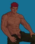 1boy abs absurdres bara clothes_pull dark-skinned_male dark_skin earrings edeued_(dpemrmfla) facial_hair feet_out_of_frame goatee goatee_stubble highres jewelry large_pectorals long_sideburns looking_to_the_side male_focus male_pubic_hair mature_male muscular muscular_male navel nipples no_male_underwear original pants pants_pull pectorals penis penis_peek pubic_hair raised_eyebrow red_hair short_hair sideburns single_earring solo thick_eyebrows 