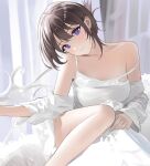  1girl absurdres bare_shoulders black_hair camisole commentary derlyt highres indoors looking_at_viewer off_shoulder original purple_eyes shirt short_hair solo spaghetti_strap white_shirt 